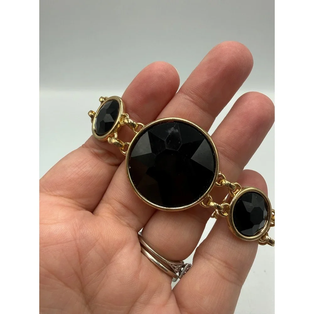 Gold Tone Black Faceted Stone Magnetic Clasp Statement Link Bracelet 8.5 Inch